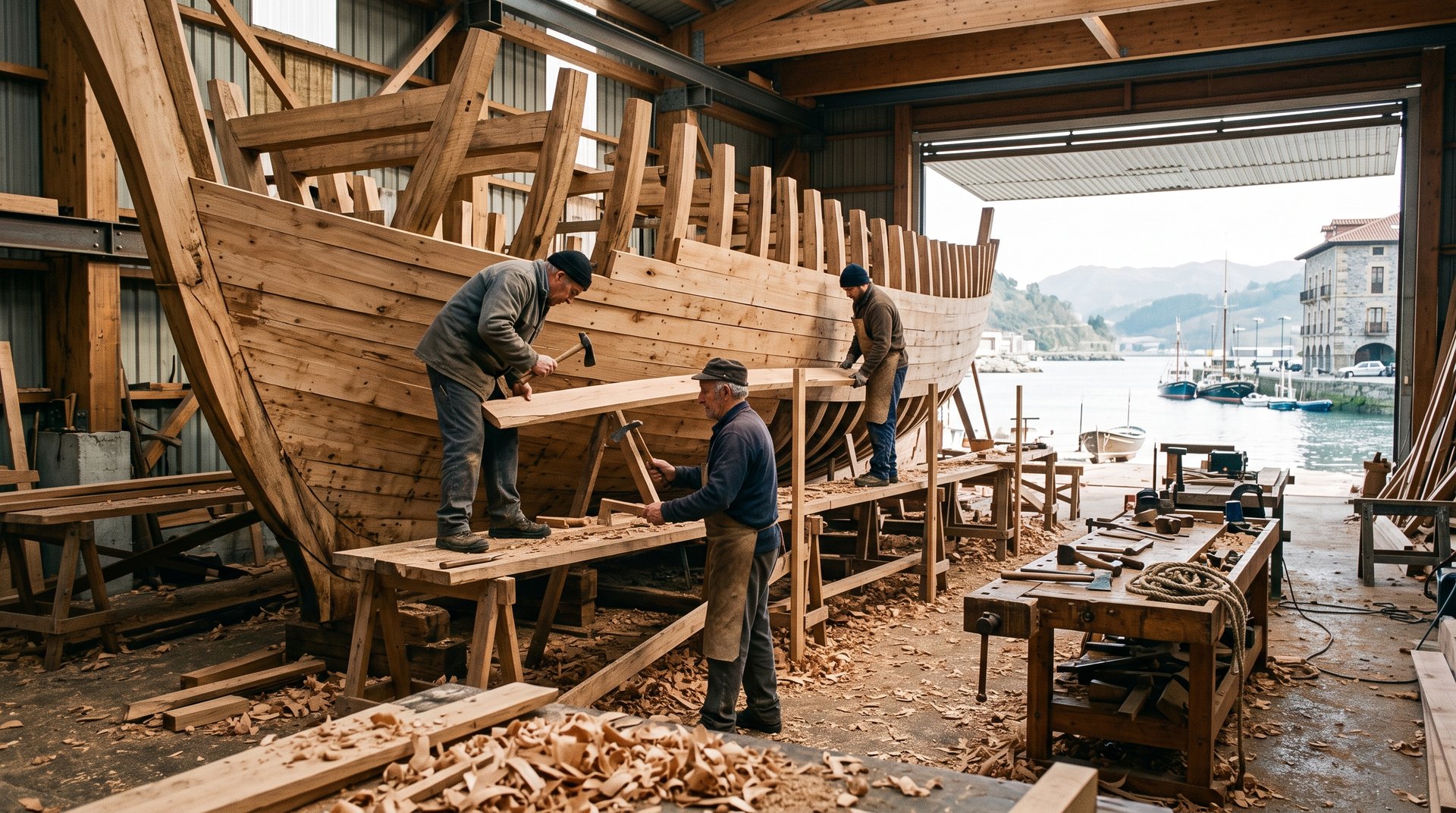 Intérieur d'un chantier naval basque contemporain, charpentiers reconstruisant la coque en chêne d'une baleinière du XVIe siècle, copeaux de bois, lumière entrant par un grand hangar ouvert sur l'eau de Pasaia