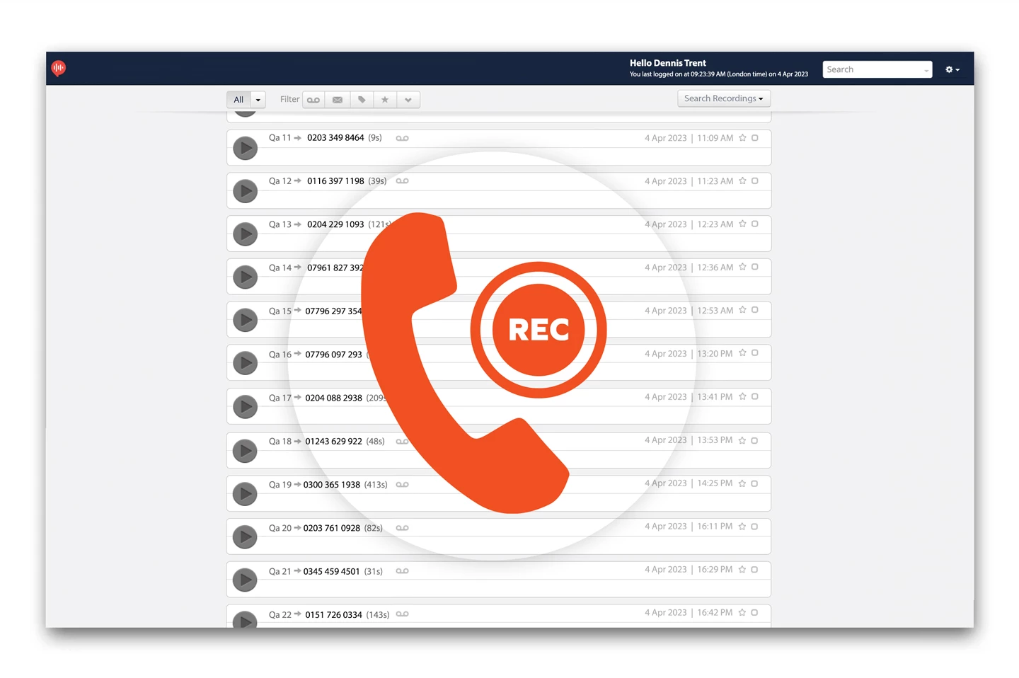 Voice recording dashboard