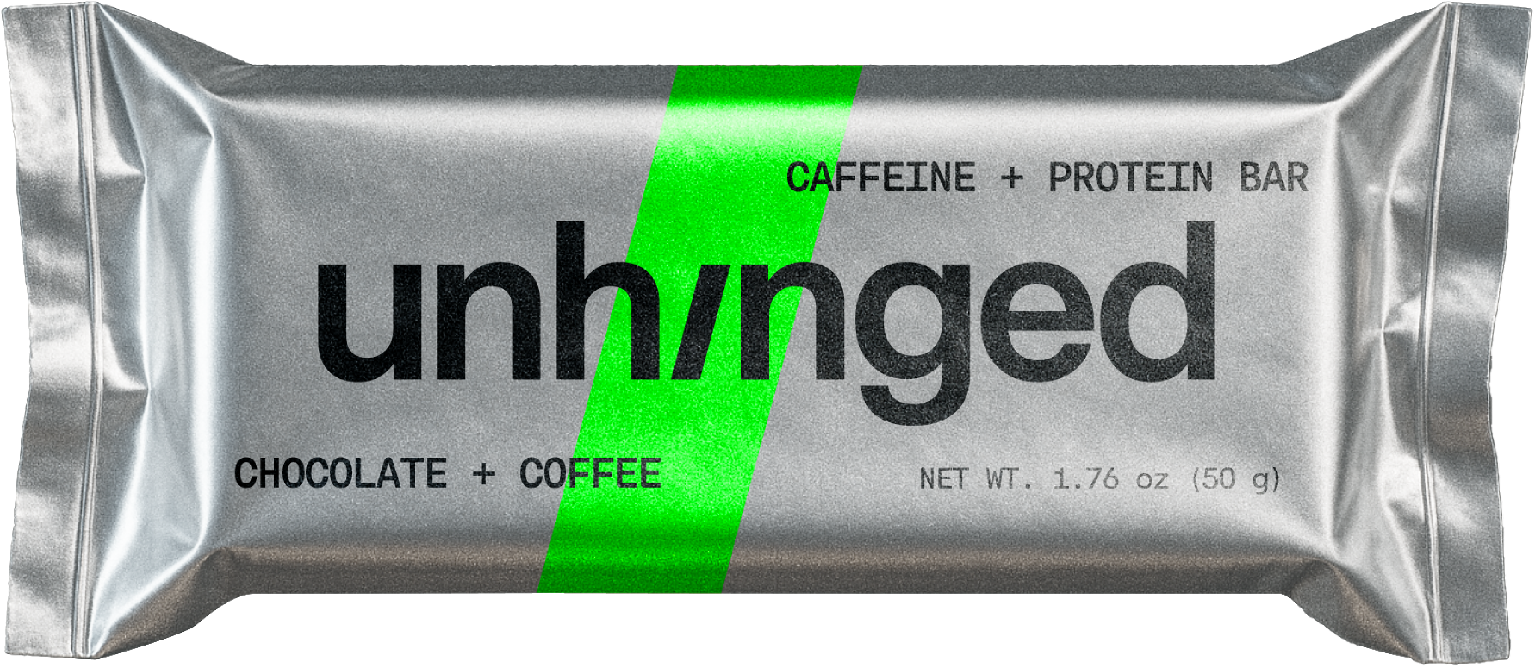 Silver wrapper of an Unhinged caffeine and protein bar with chocolate and coffee flavor, featuring a green diagonal stripe.
