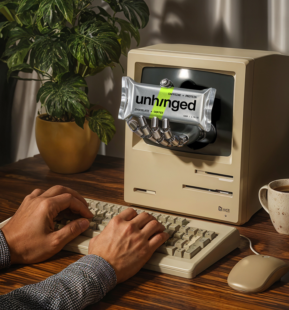 Vintage beige computer with a robotic hand holding an energy bar labeled 'unhinged' in front of the screen, hands typing on the keyboard, plant and coffee cup on wooden desk.