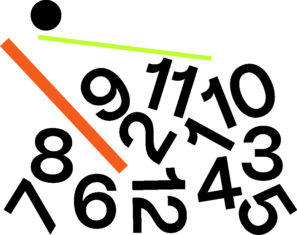 Abstract clock design with jumbled black numbers scattered in a cluster and two angled clock hands, one lime green and one orange, against a white background.