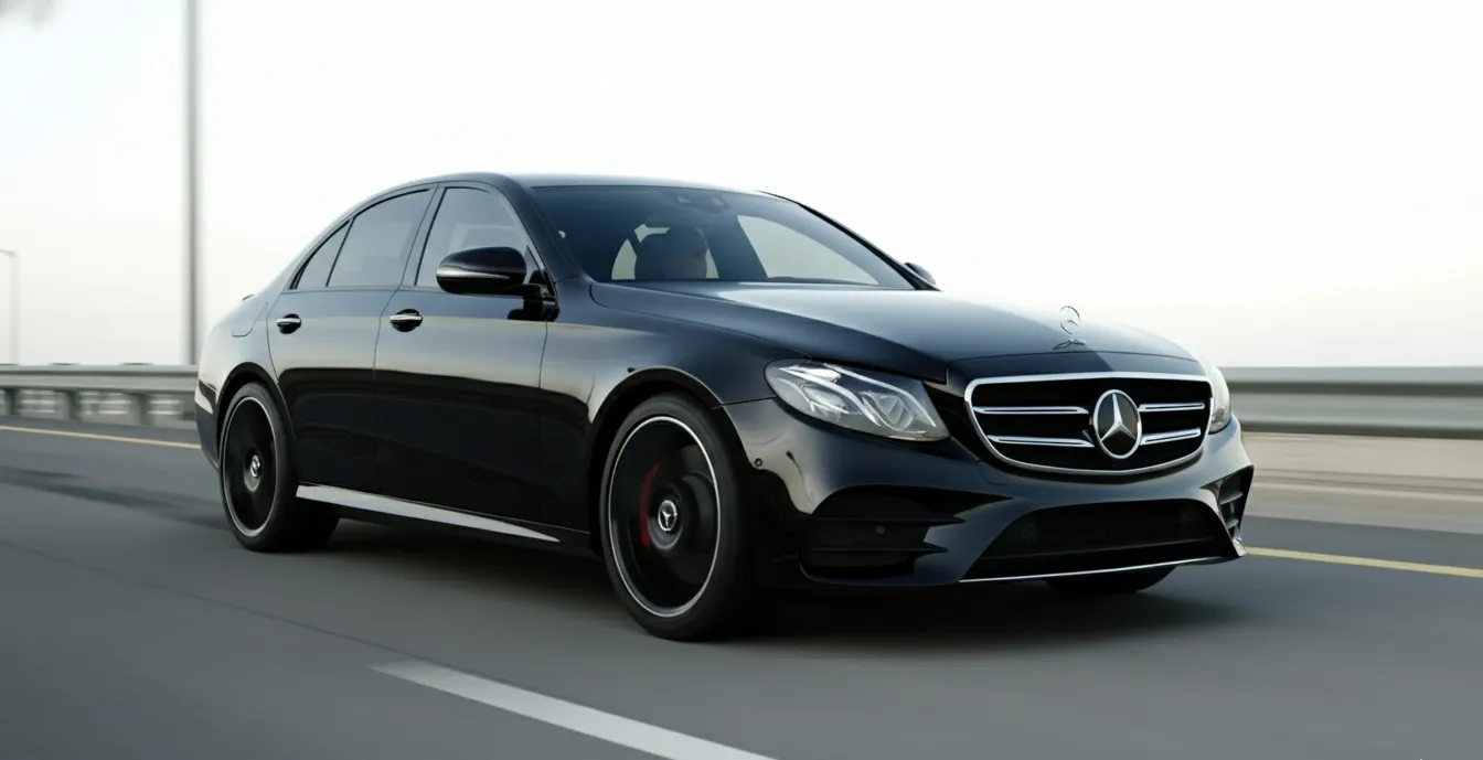 Black Mercedes-Benz sedan driving on a highway with blurred background.