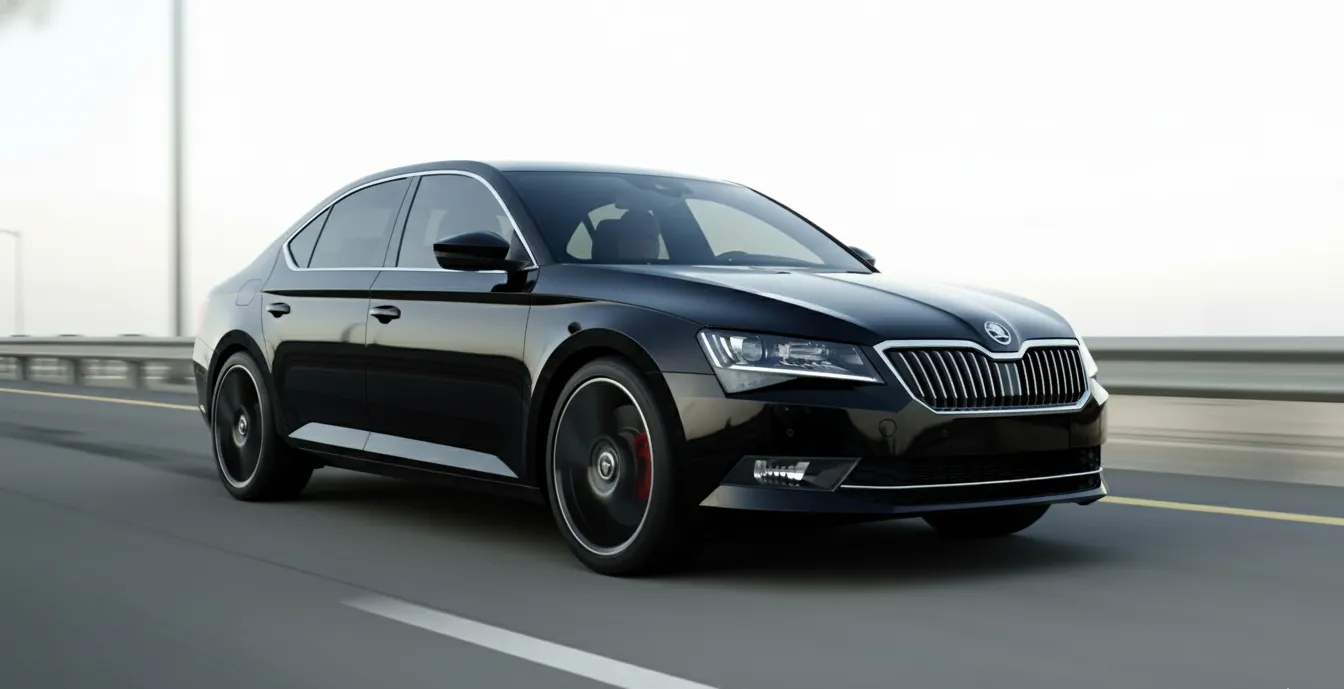 Black sedan car driving on a highway with blurred road and guardrail in the background.