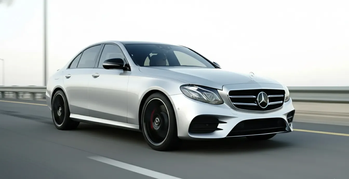 Silver Mercedes-Benz sedan driving on a highway with blurred background.