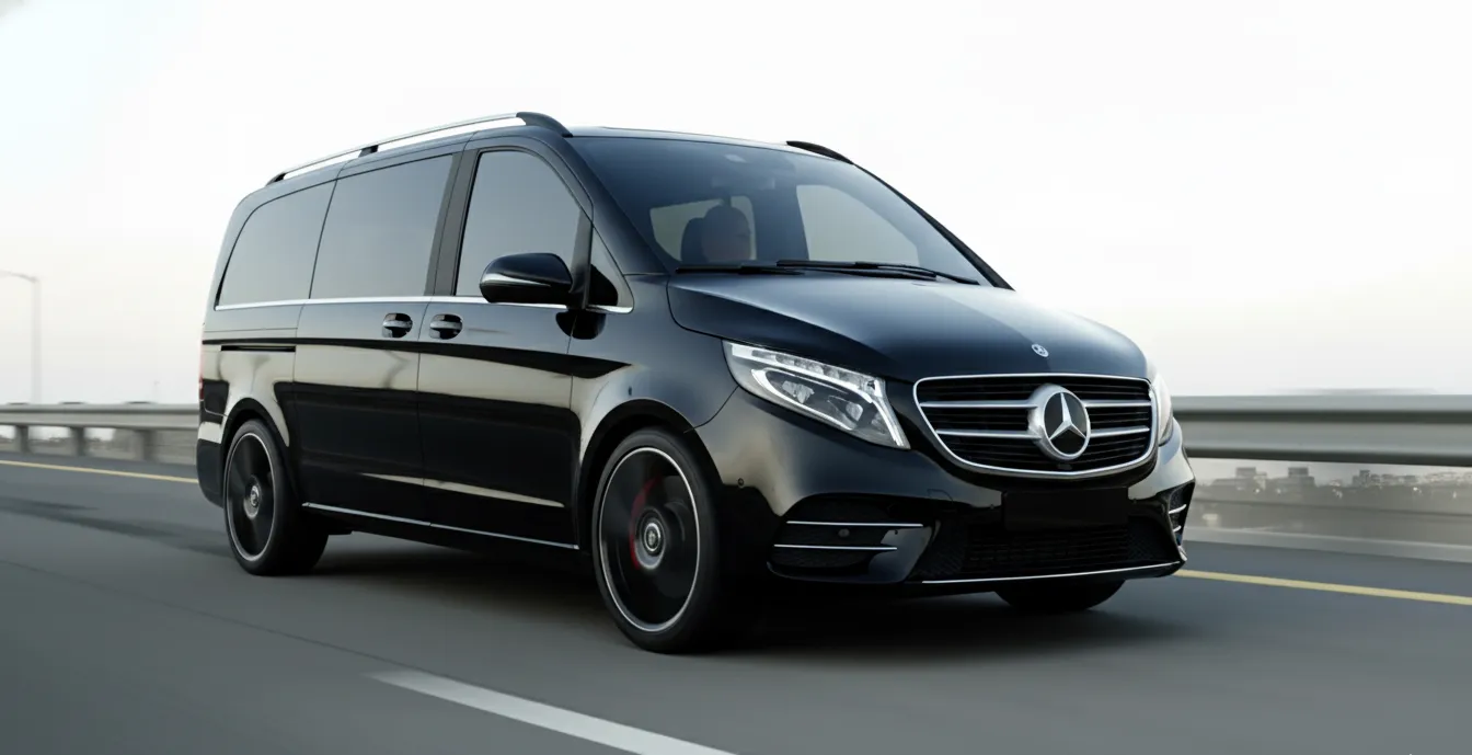 Black Mercedes-Benz luxury van driving on a highway with guardrails on the side.