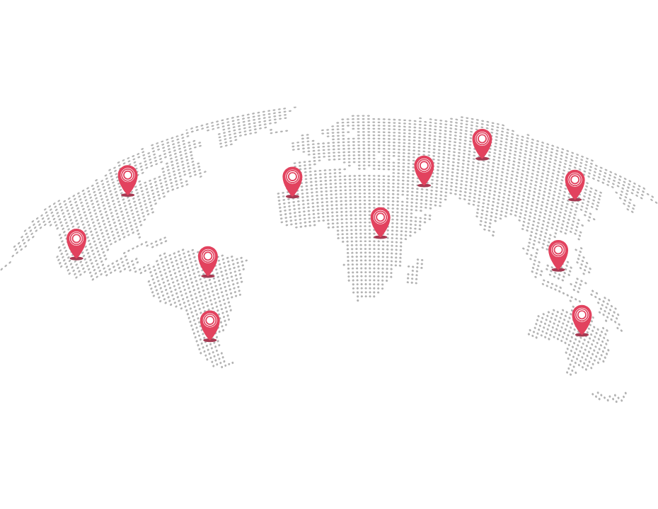 Stylized world map in gray dots with red location pins marking various global points across North America, South America, Europe, Africa, Asia, and Australia.