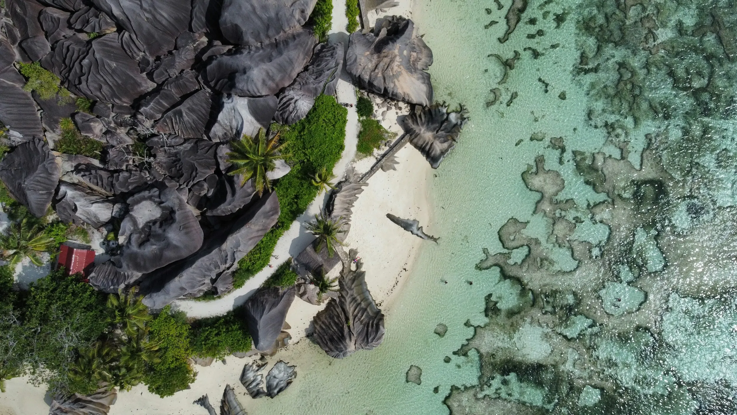 Aerial view of a beach on Anse Source d'Argent in Seychelles