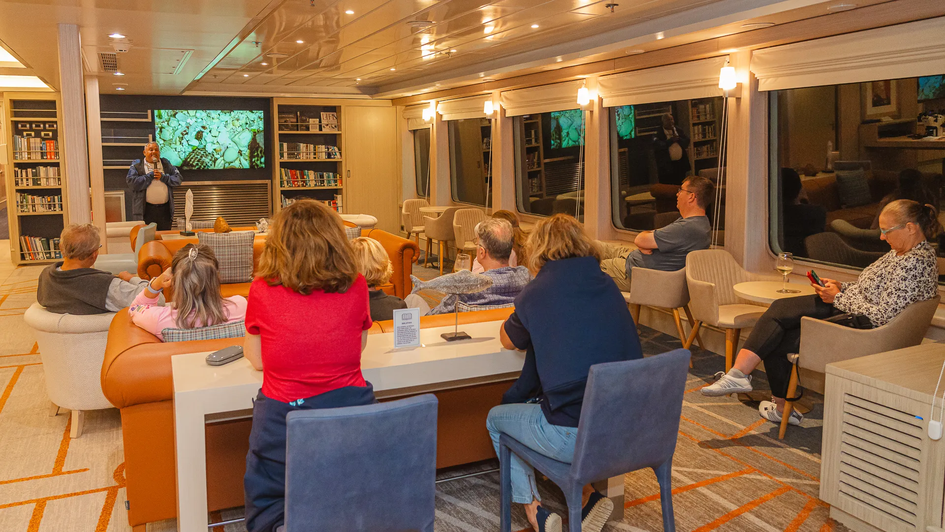 MS Santa Cruz II Galapagos cruise ship lecture lounge