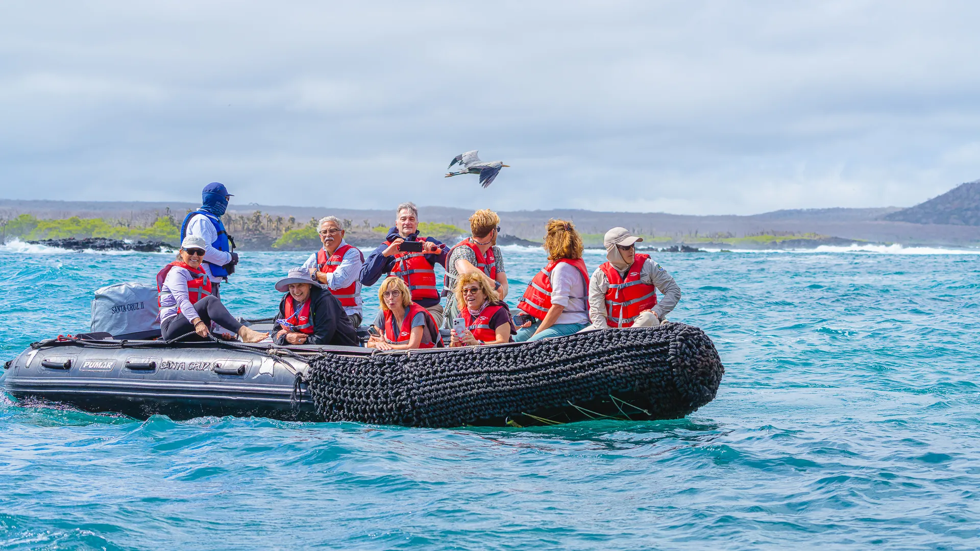 A zodiac full of passengers cruises along a Galapagos coast