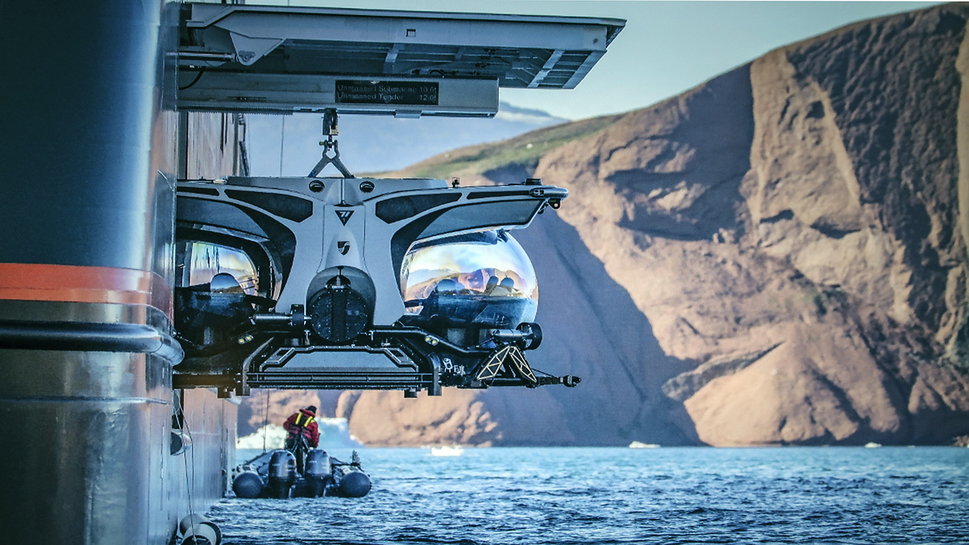 A submarine is deployed from the Seabourn Venture/Pursuit ship