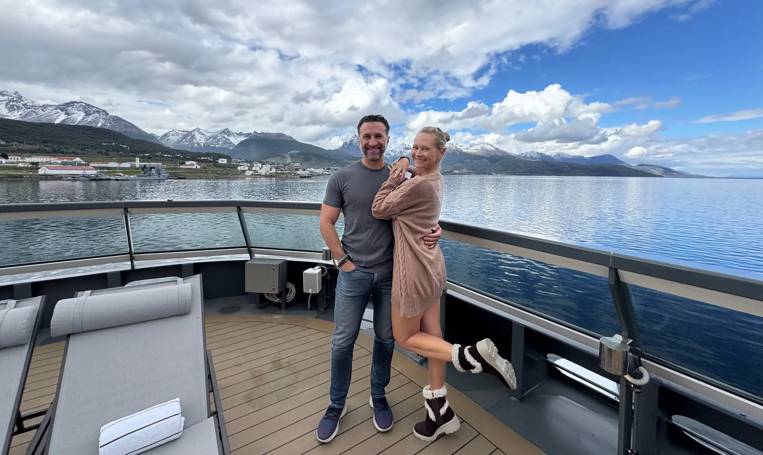 Phil and Erin Lockwood pose on the deck of a cruise ship in Ushuaia