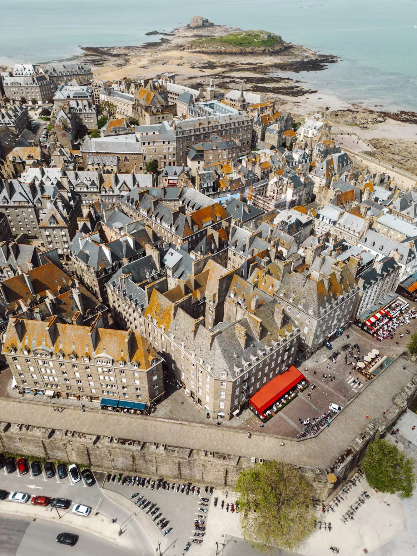 Aerial view of a coastal French town