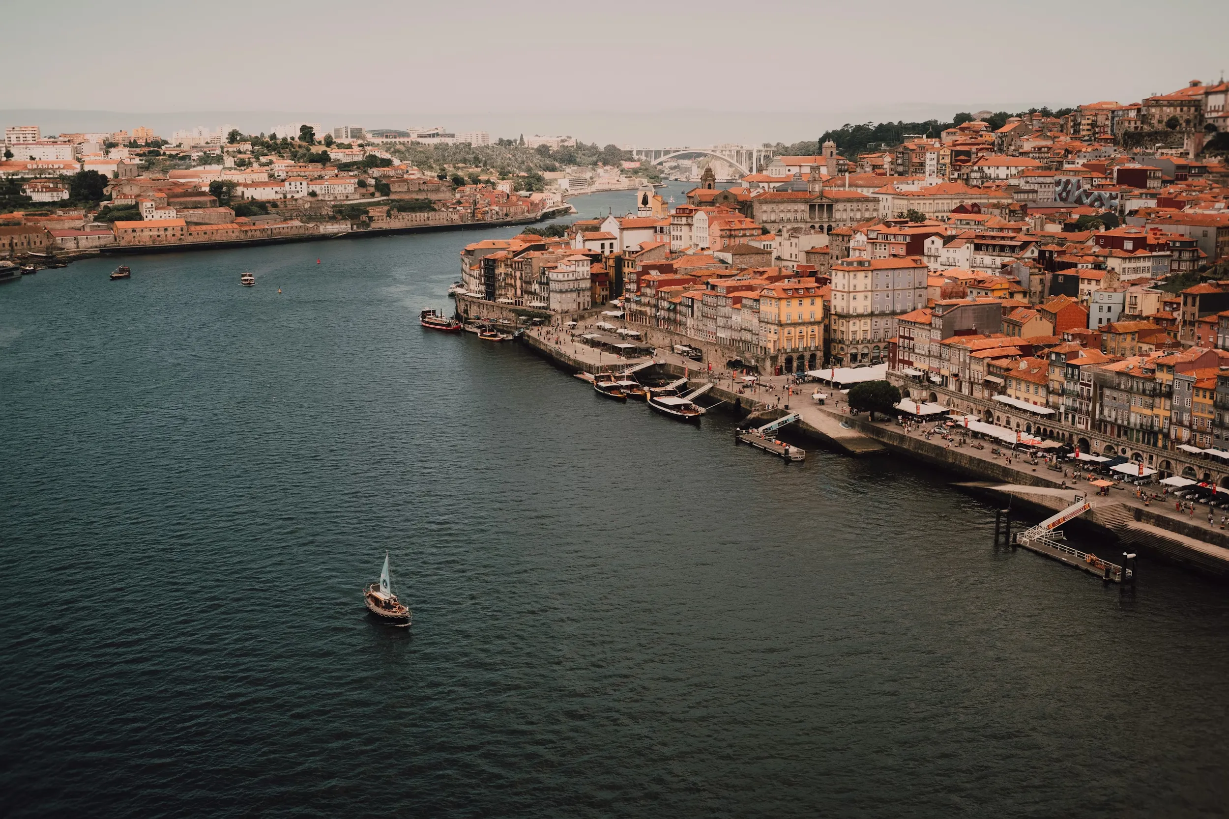 Aerial view of river in Oporto