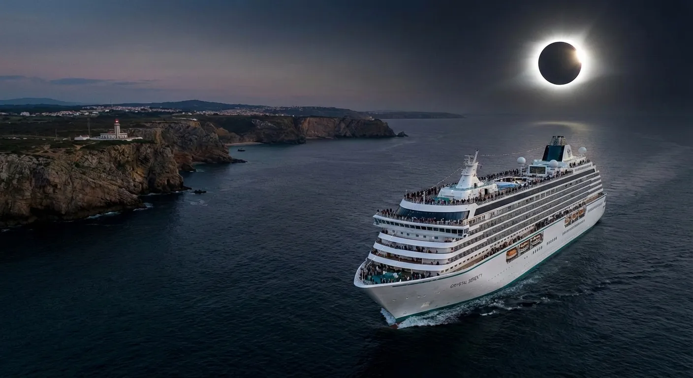Crystal Serenity cruise ship sails past Portugal coast with a total solar eclipse in the sky