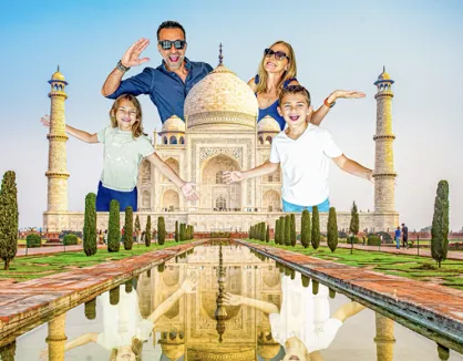The Lockwood family stands over the Taj Mahal