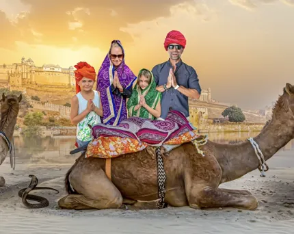 The Lockwood family poses in Jaipur with a camel