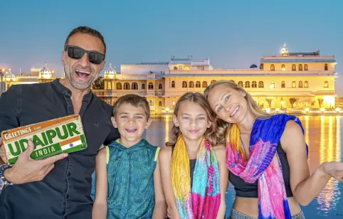 The Lockwood family poses in front of an Udaipur landmark