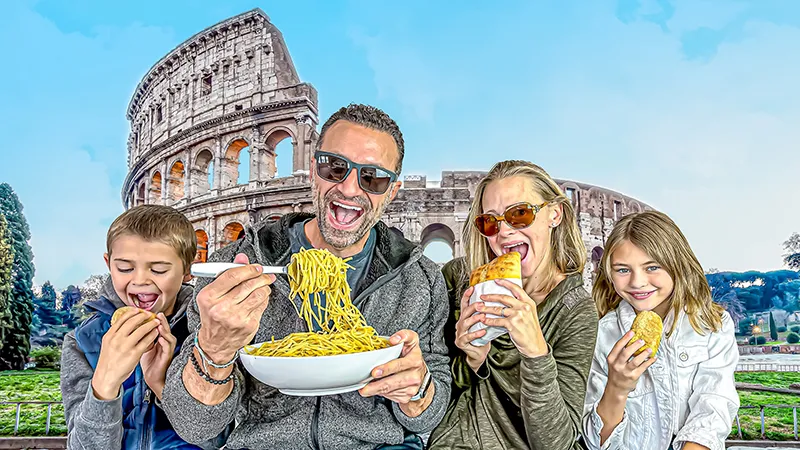 The Lockwood family eating Italian foods in front of the Roman Coliseum