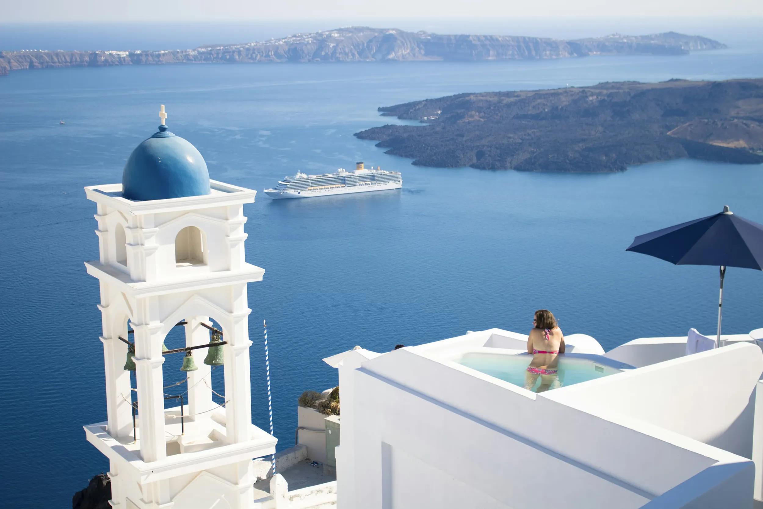Hilltop view of white buildings in Santorini, Greece