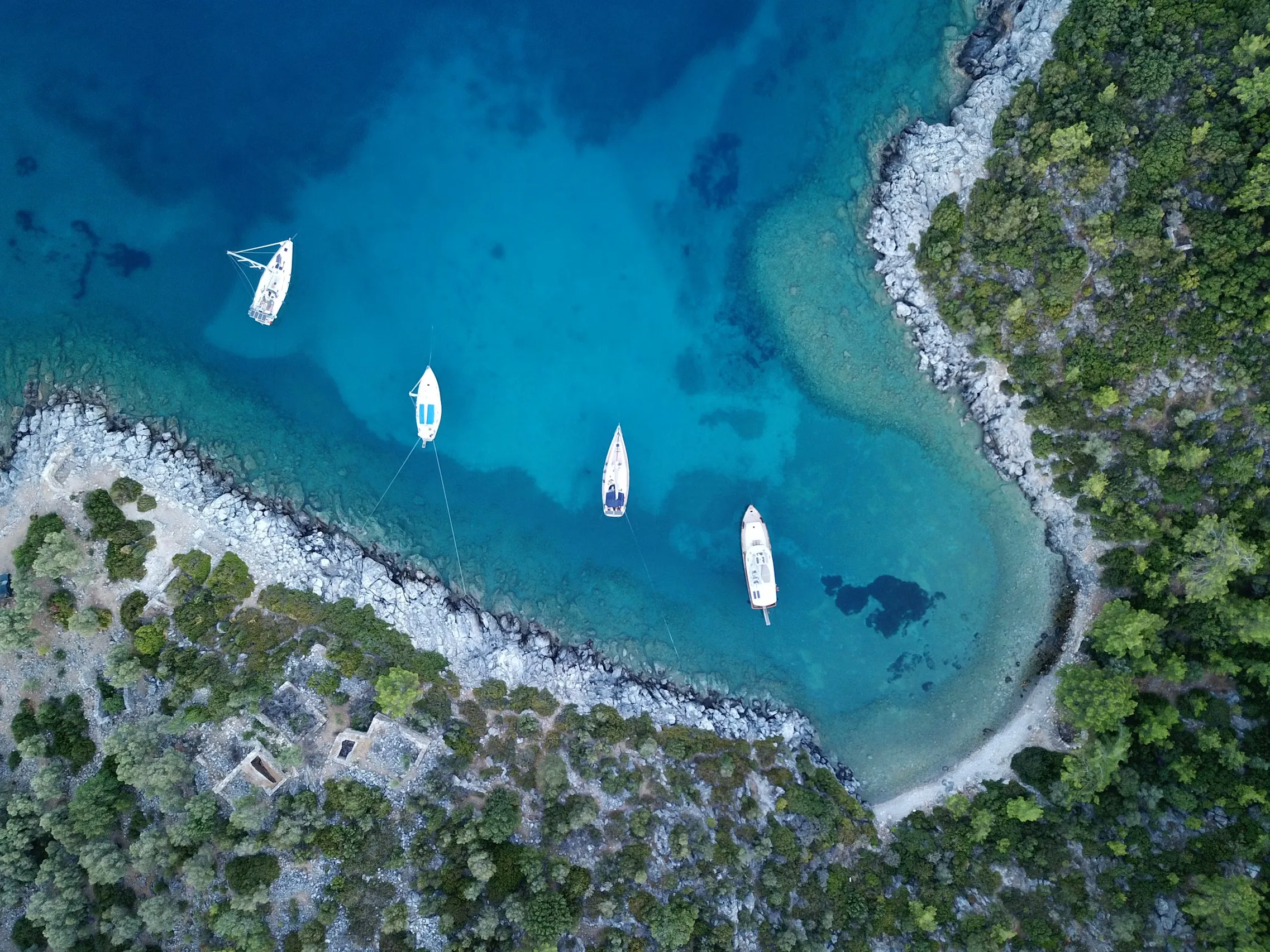 Aerial view of boats in a bay in Bodrum, Turkey