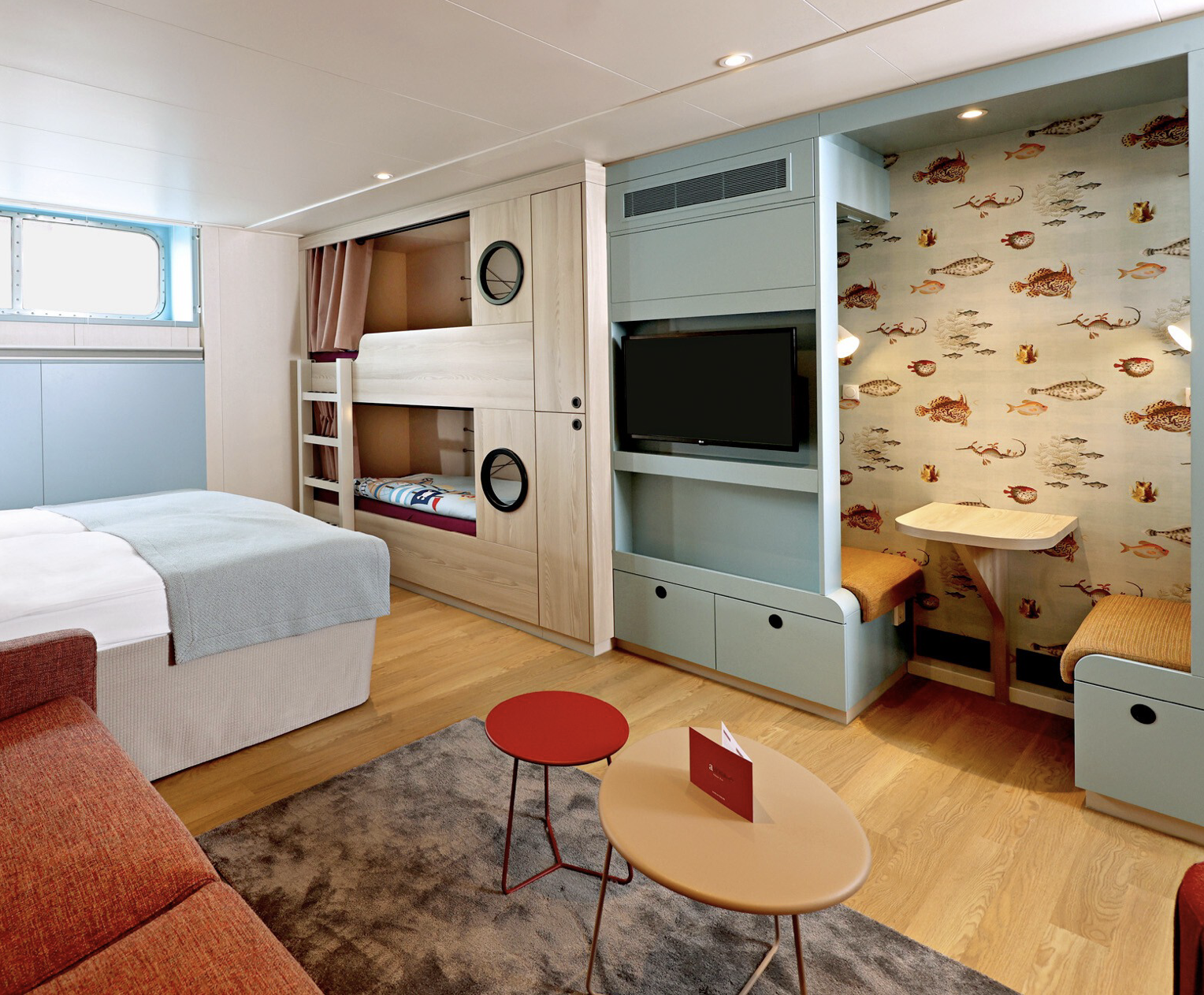 A family-friendly stateroom interior on the A-Rosa Cruises's Sena