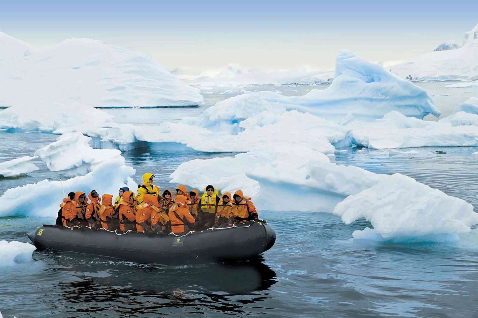 Passengers on a zodiac in Antarctica