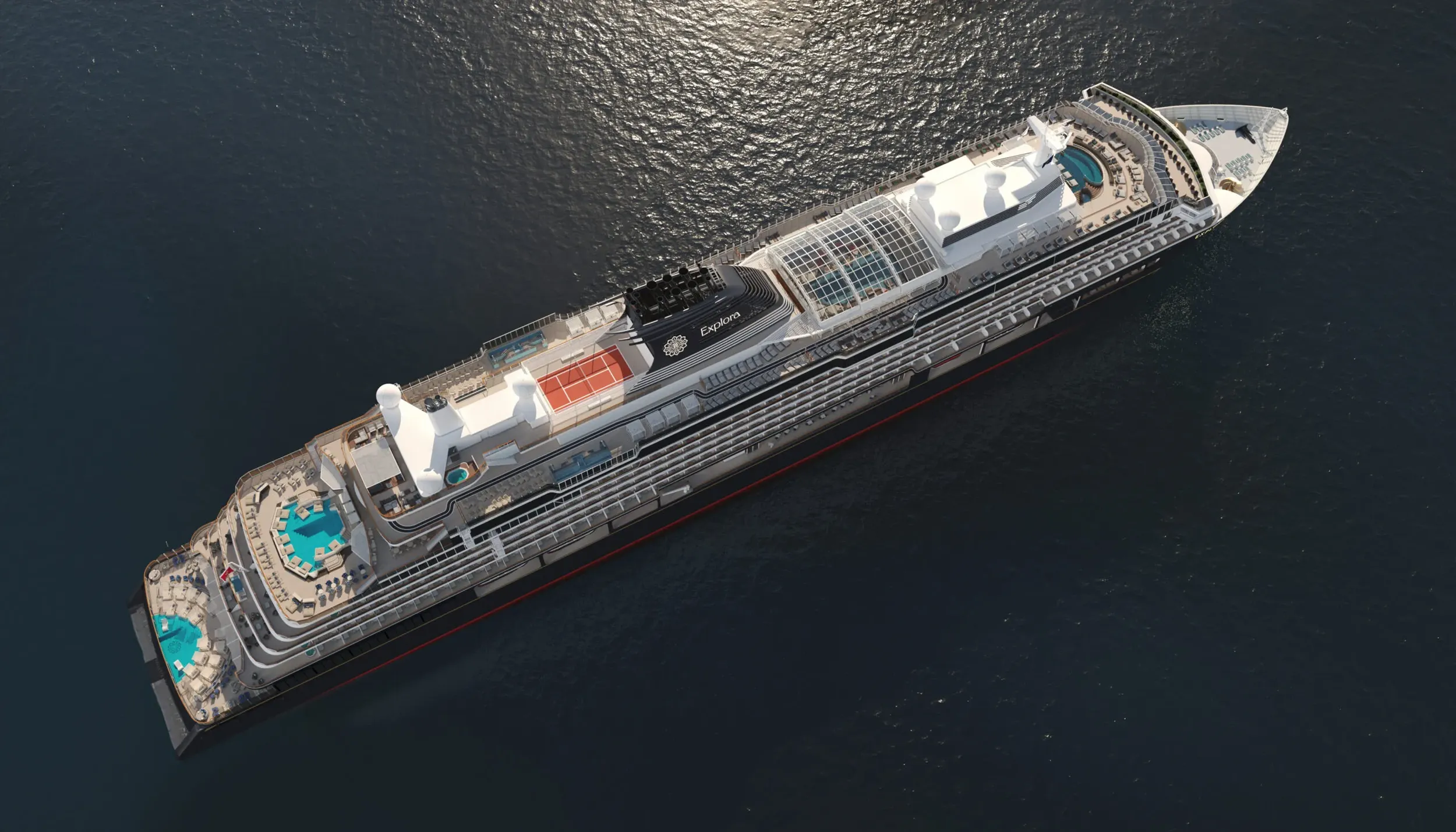 An Explora Journeys cruise ship aerial
