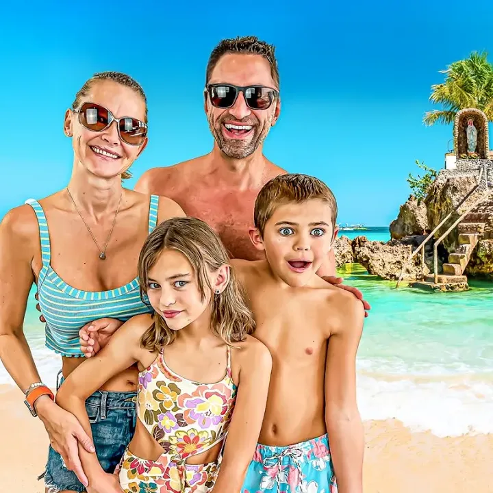 The Lockwood family on a beach in Boracay, Philippines