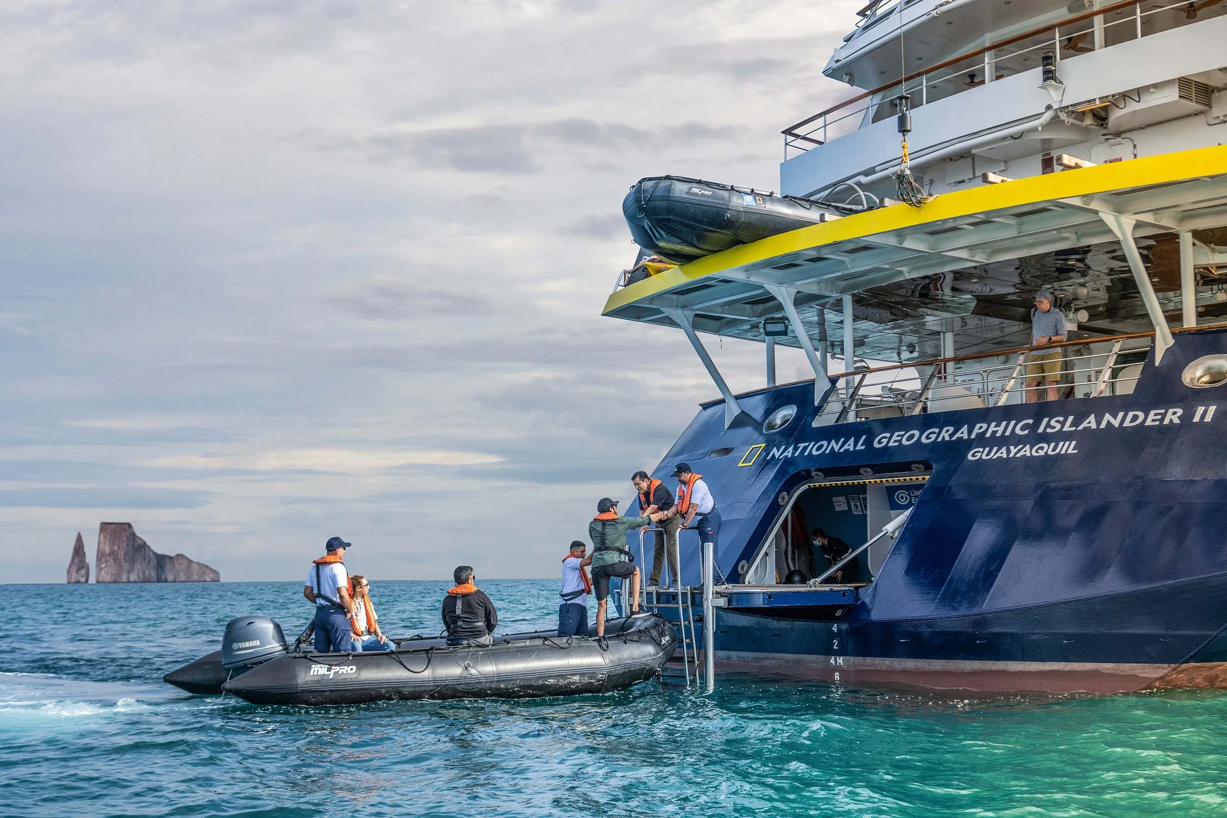 Aft loading of zodiacs on a NatGeo-Lindblad expedition cruise ship