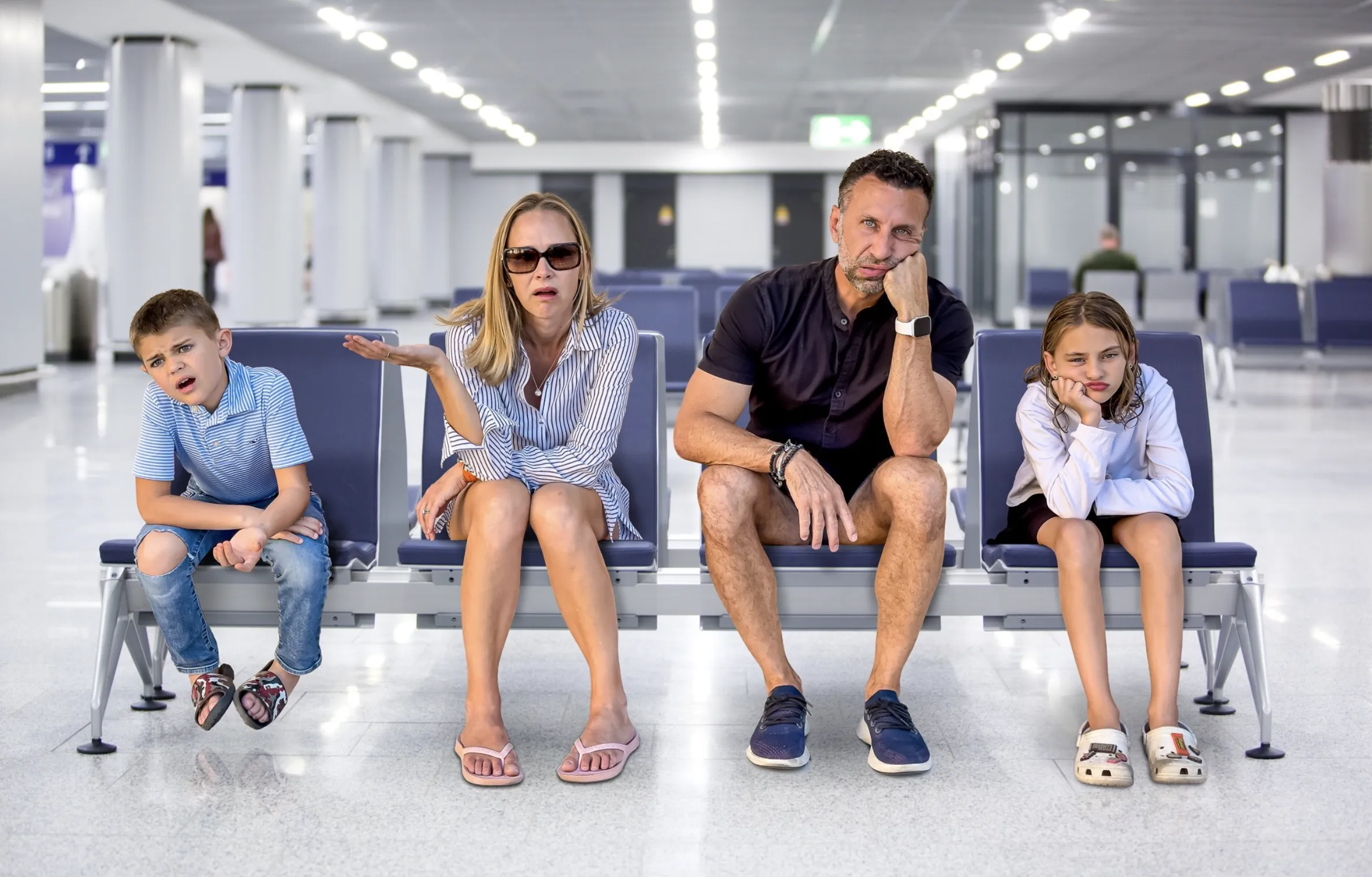 The Lockwood family sits in an airport with looks of frustration