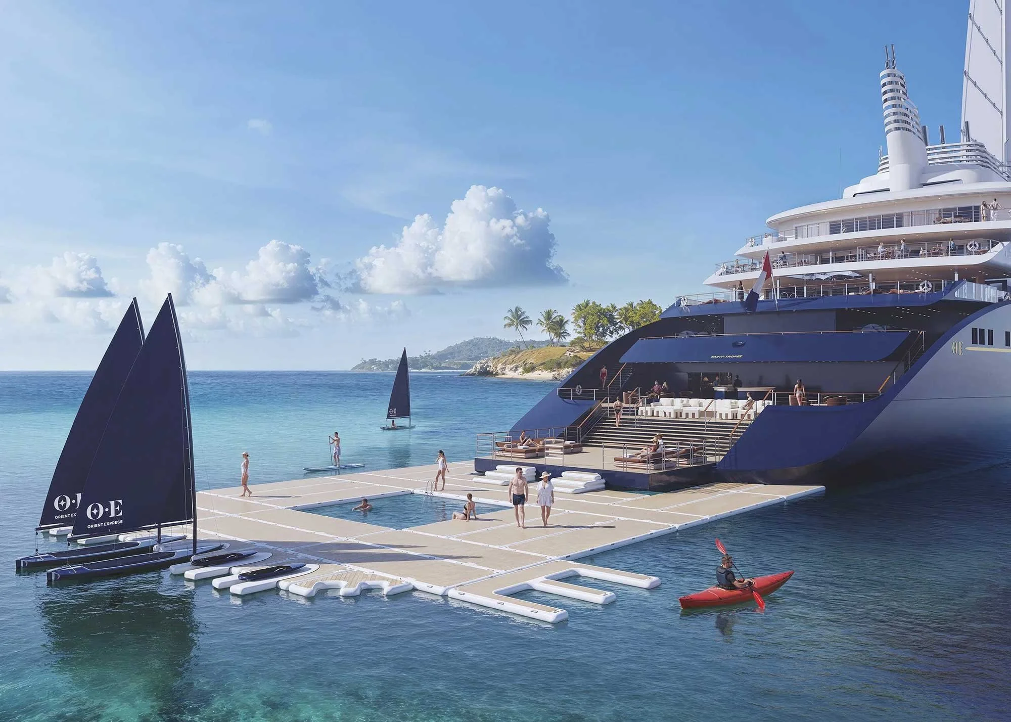 Aft beach club on a yacht-style cruise ship