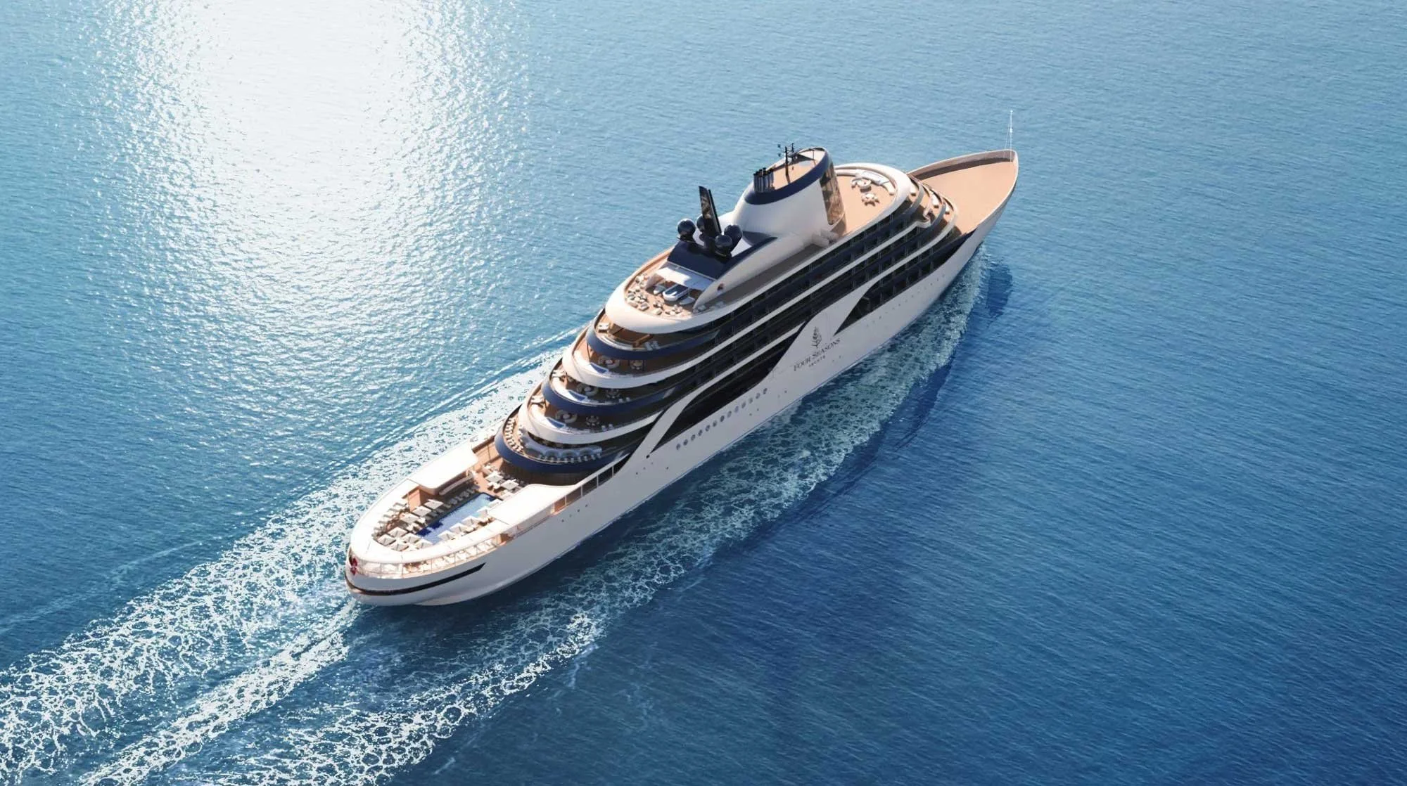 Aerial view of a Four Seasons yacht-style cruise ship