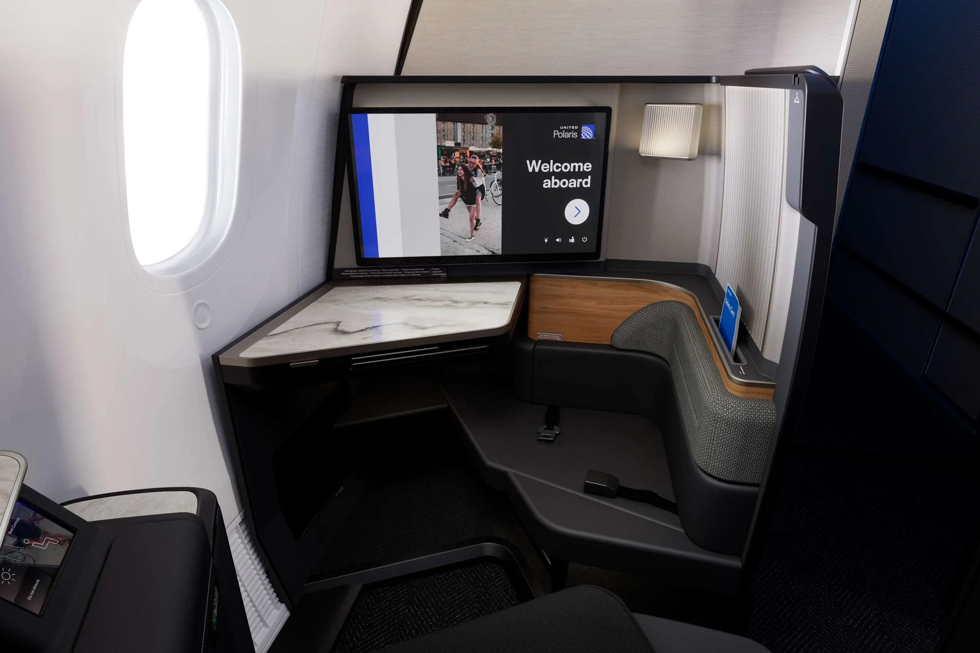 Interior shot of United Airlines Polaris Studio business class seating