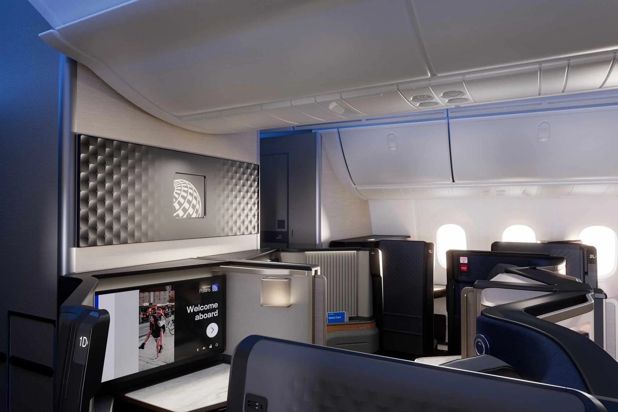 Interior shot of United Airlines Polaris Studio business class cabin