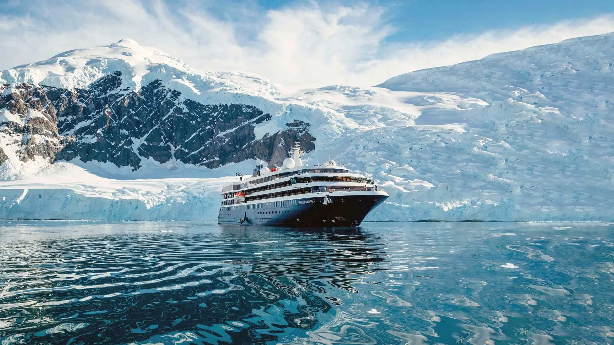 Atlas Ocean Voyages cruise ship in Antarctic waters