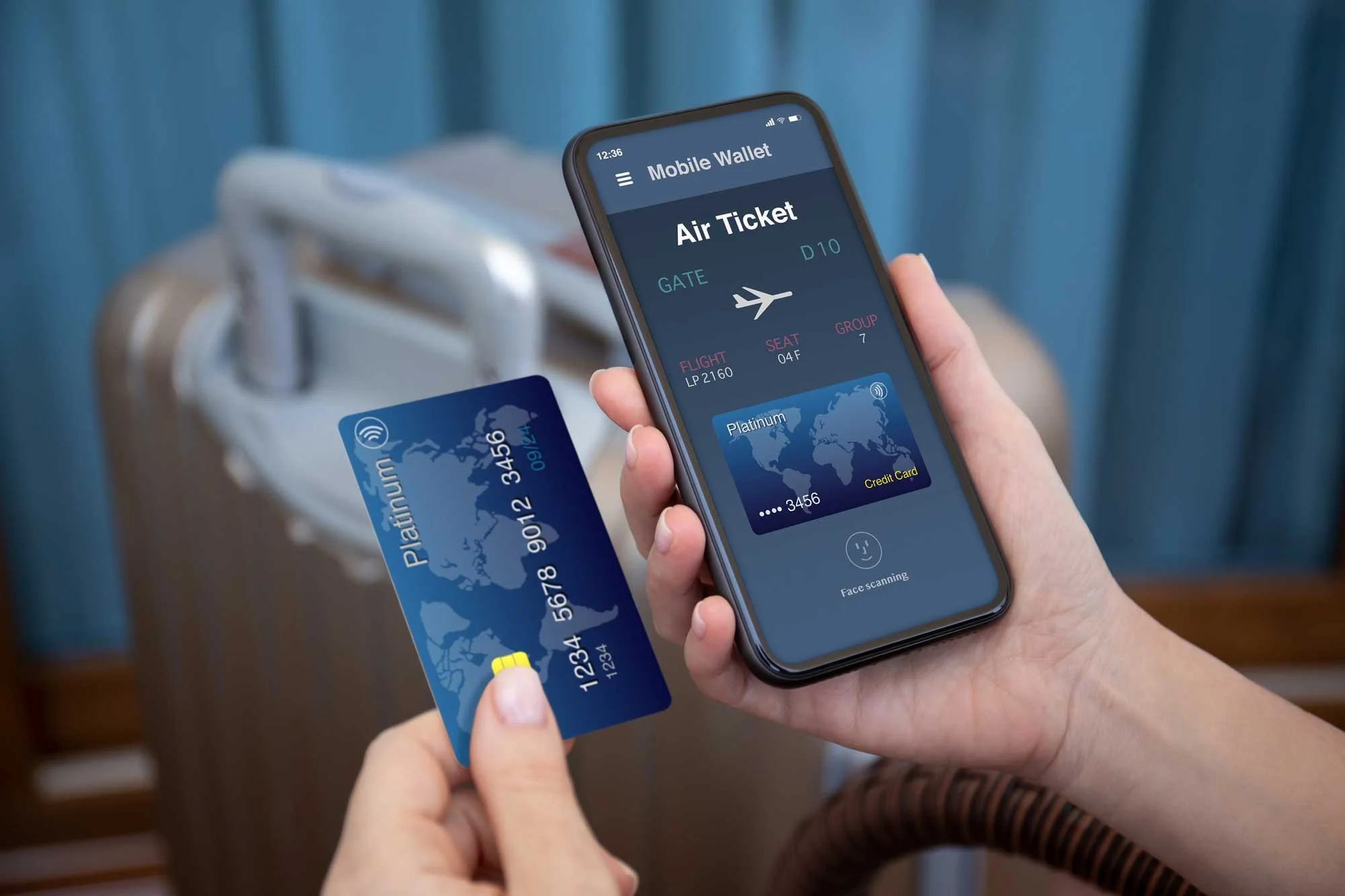 Someone using a credit card and mobile banking app