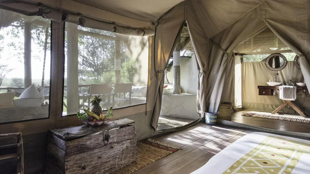 Inside a luxury safari tent