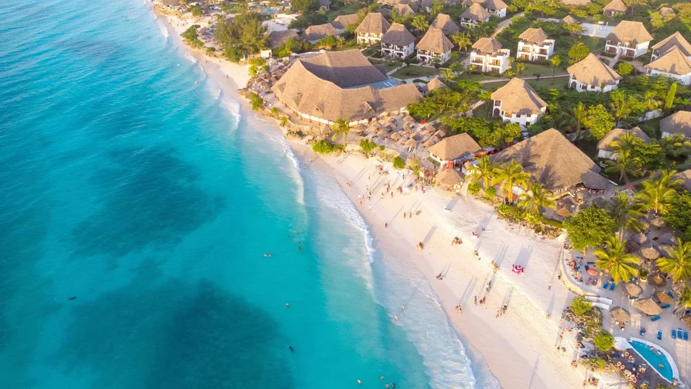 Aerial view of a turquoise beach in Zanzibar