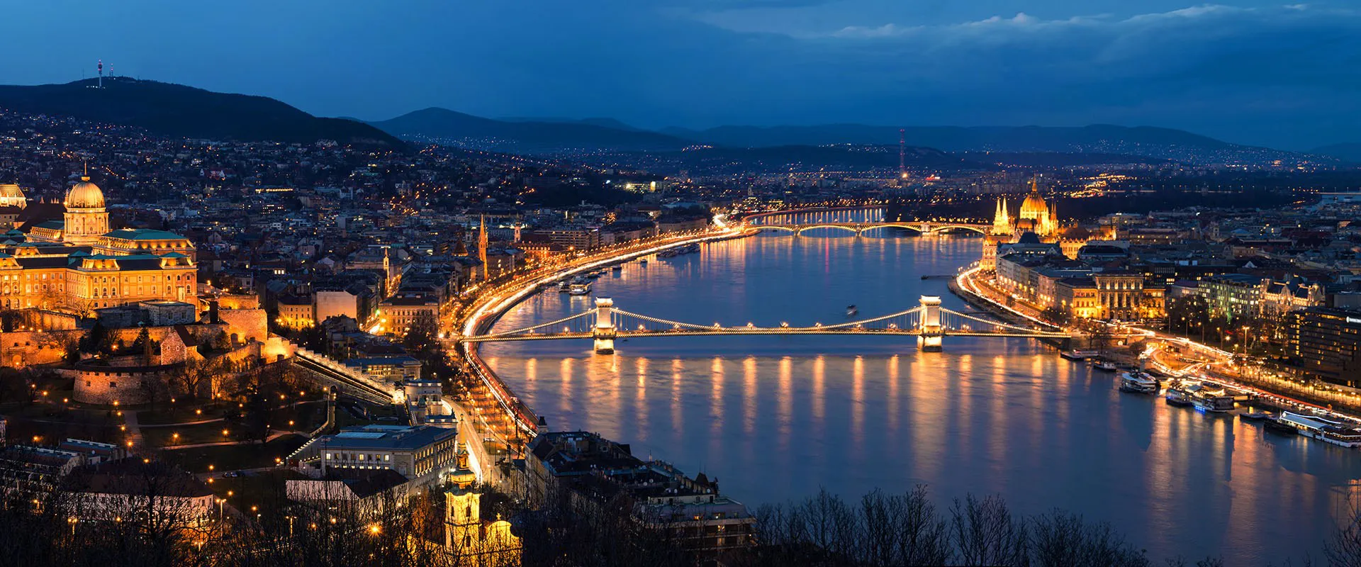 Aerial of the Danube river in Budapest at dusk
