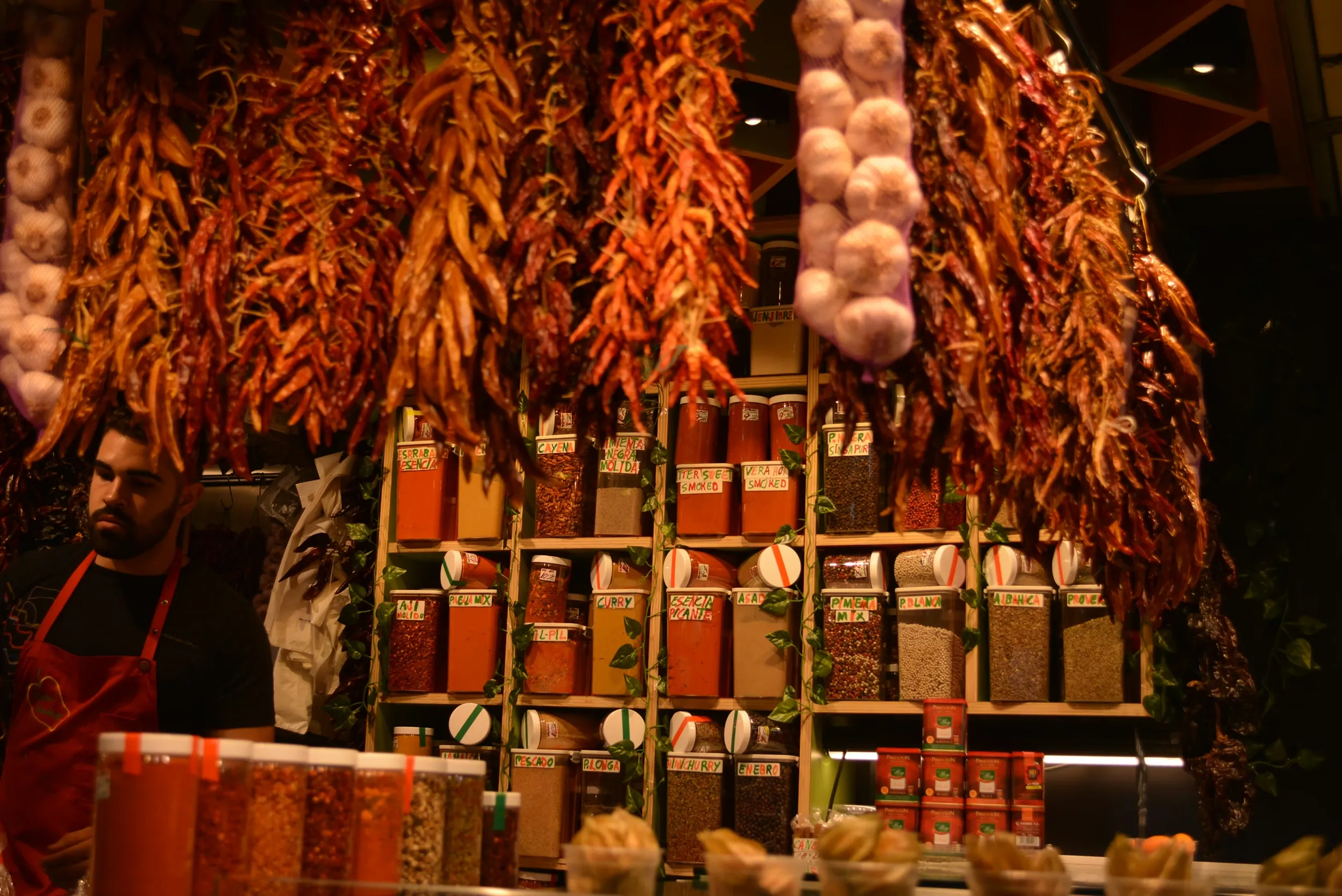 Hungarian paprika selection at market stall