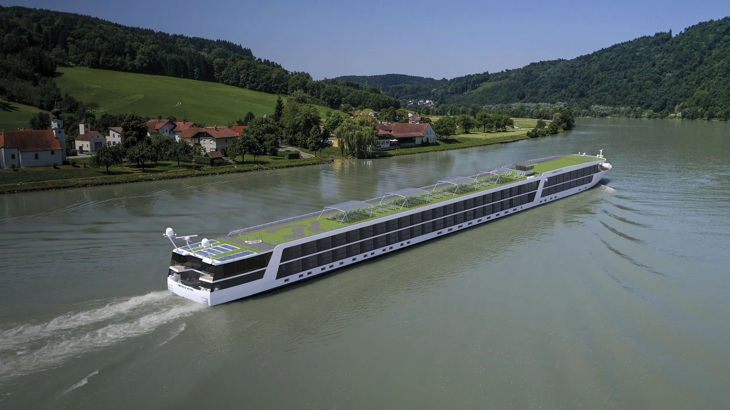 Aerial view of The Emerald Astra European river cruise ship