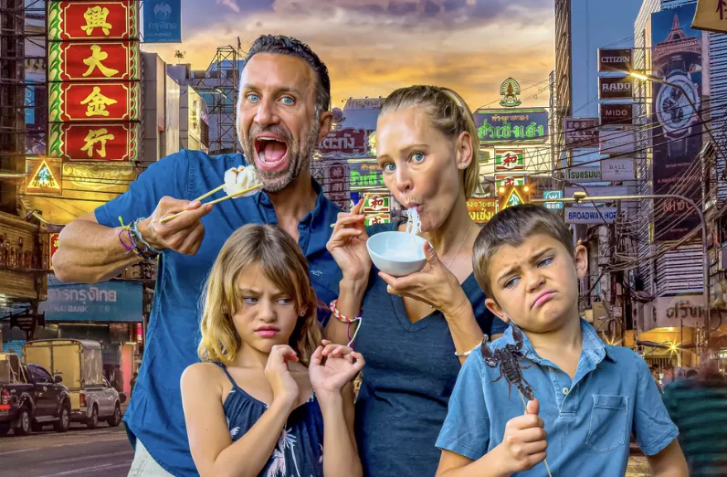 The Lockwood family eating street foods in Bangkok
