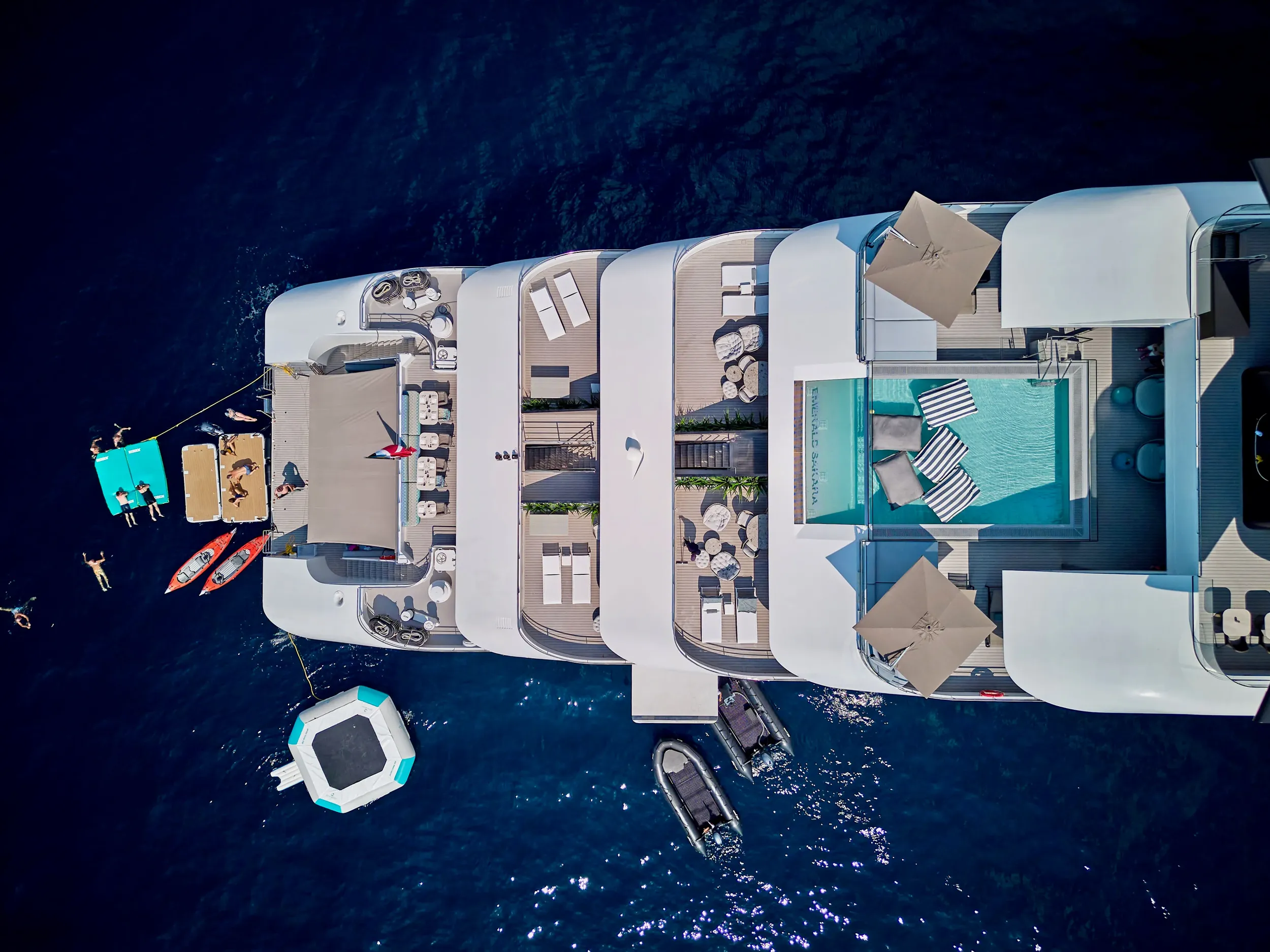 Emerald Sakara luxury yacht aerial of aft decks