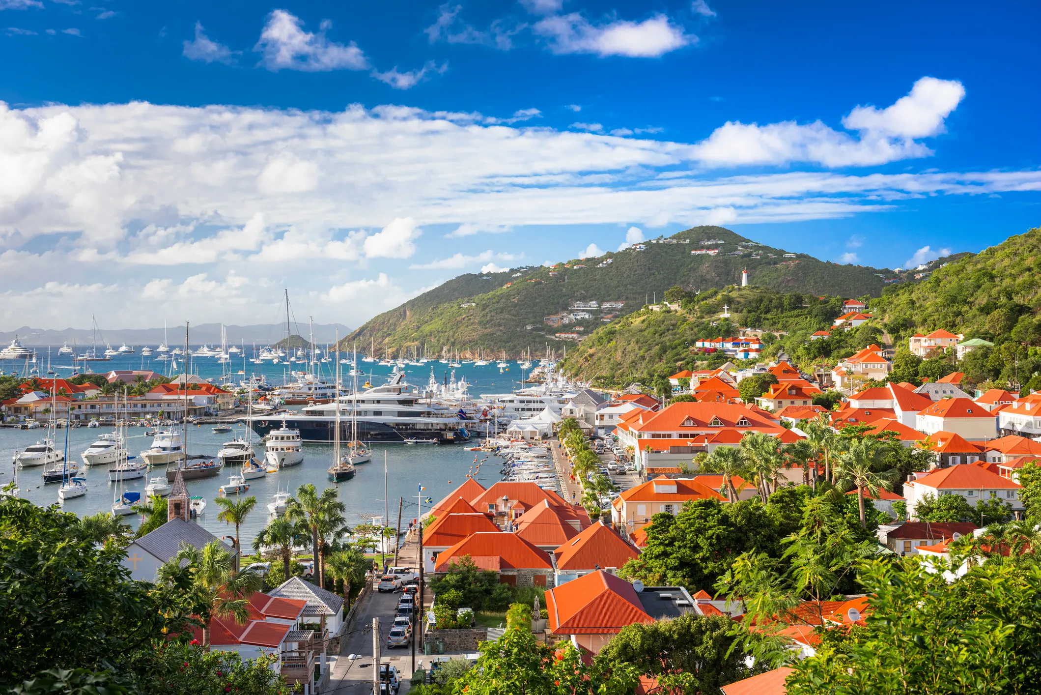 Red rooftops of harbor village in the Caribbean