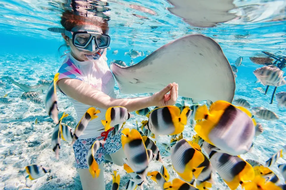 A girl snorkels with tropical fish in Bora Bora