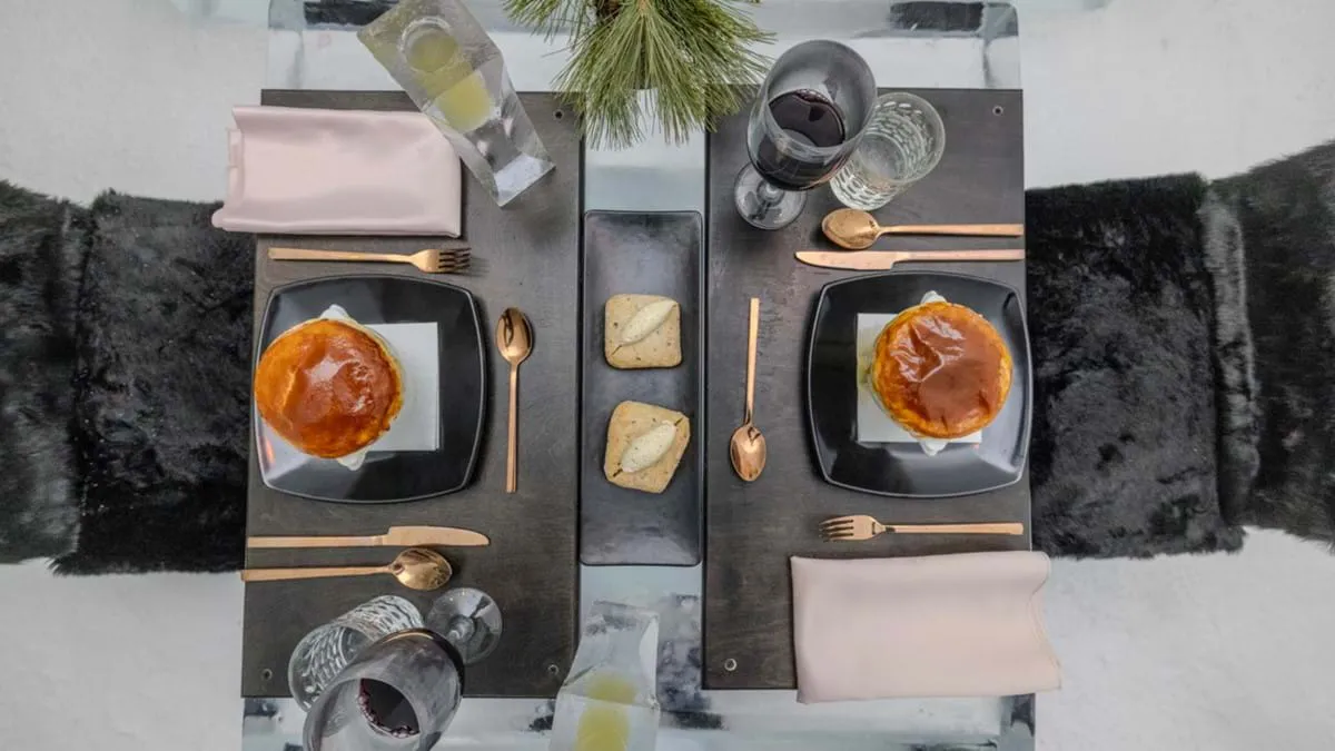 Top view of a table with food at the Hotel de Glace in Quebec City