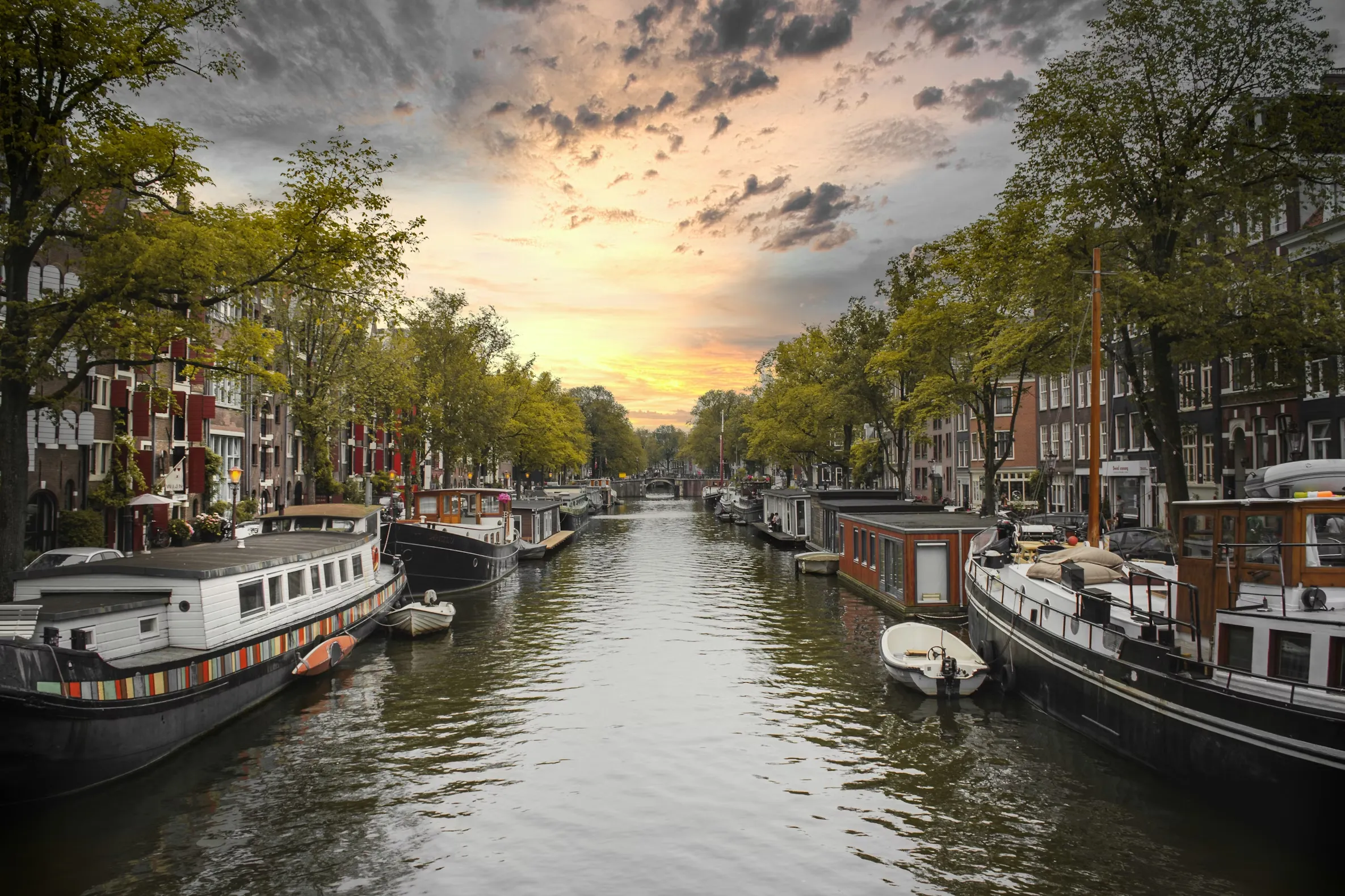 A canal in Amsterdam at sunset