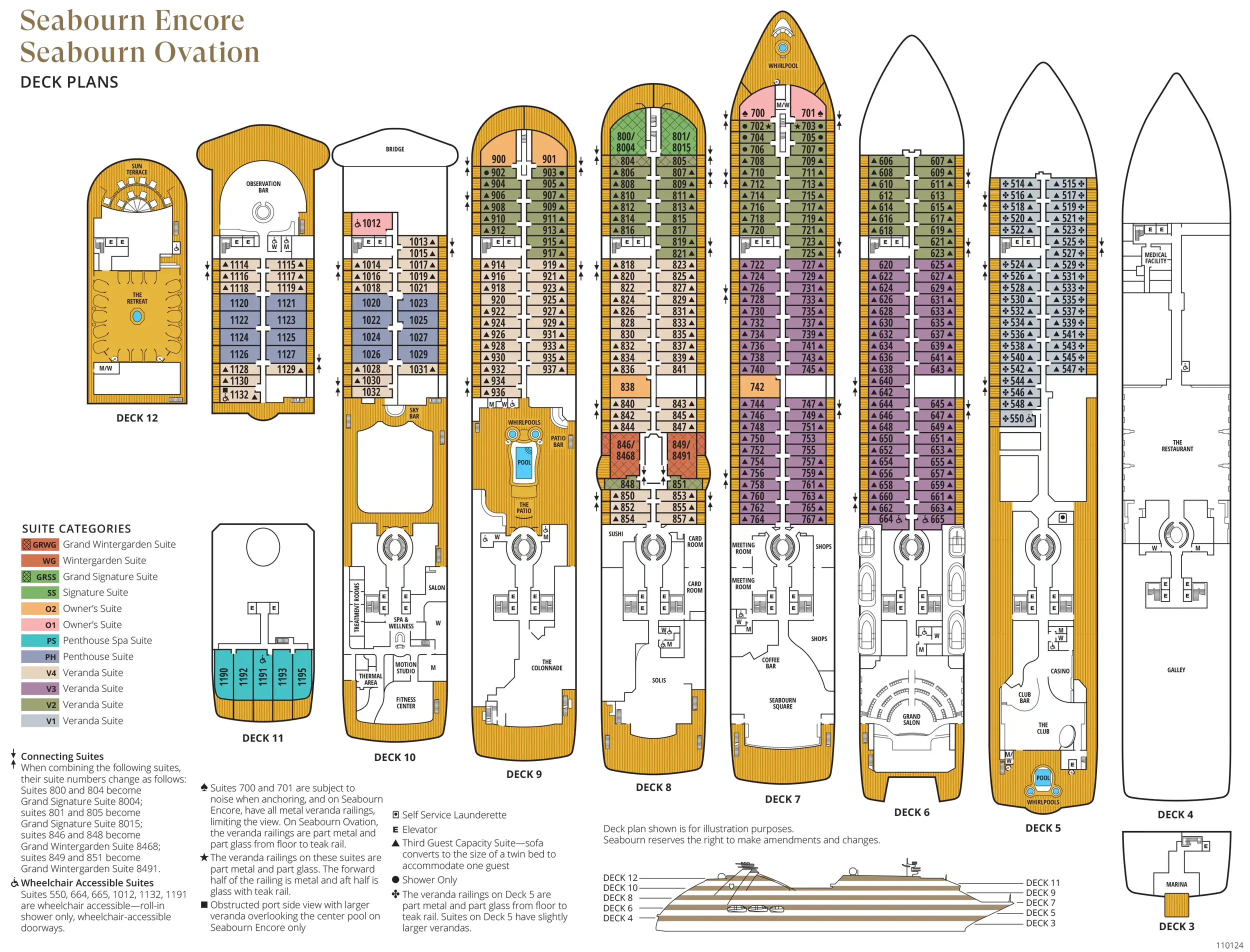 Deck plans on the Seabourn Ovation cruise ship
