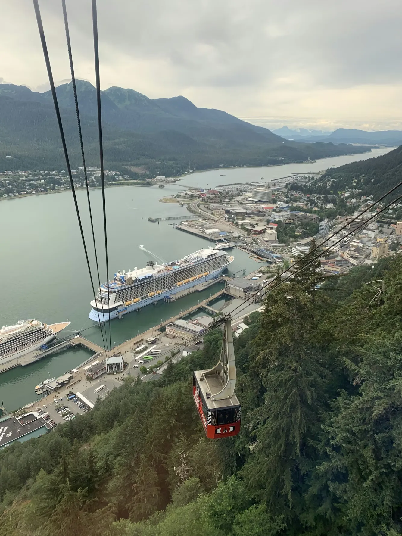 Juneau harbor with a cruise ship and tramway