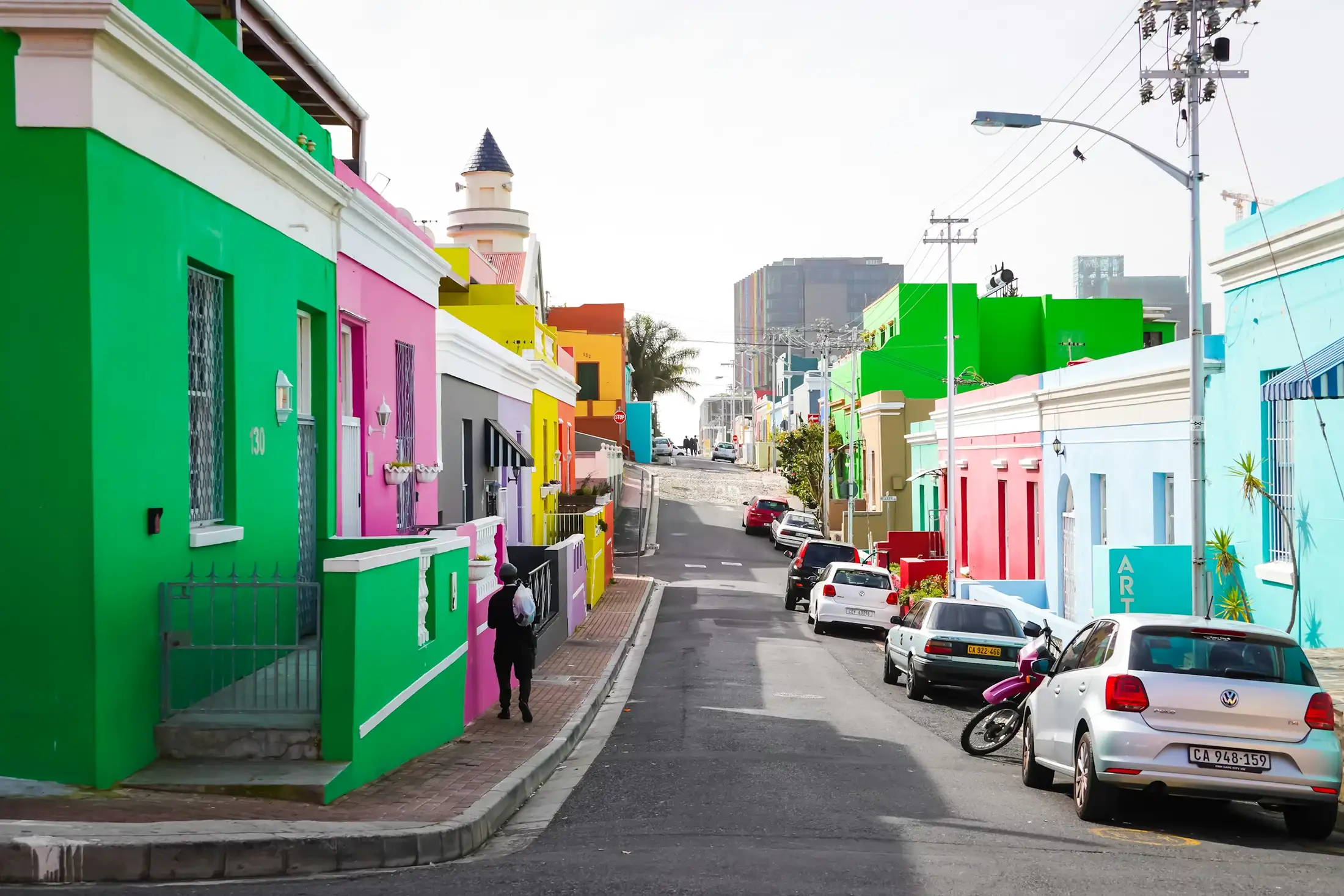 Colorful homes along a street in Bo Kaap